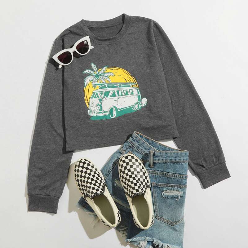 

Car & Tropical Graphic Sweatshirt, Dark grey