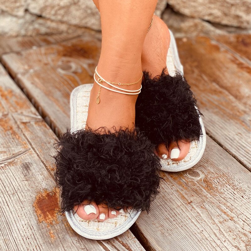 

Open Toe Fluffy Slippers, Black