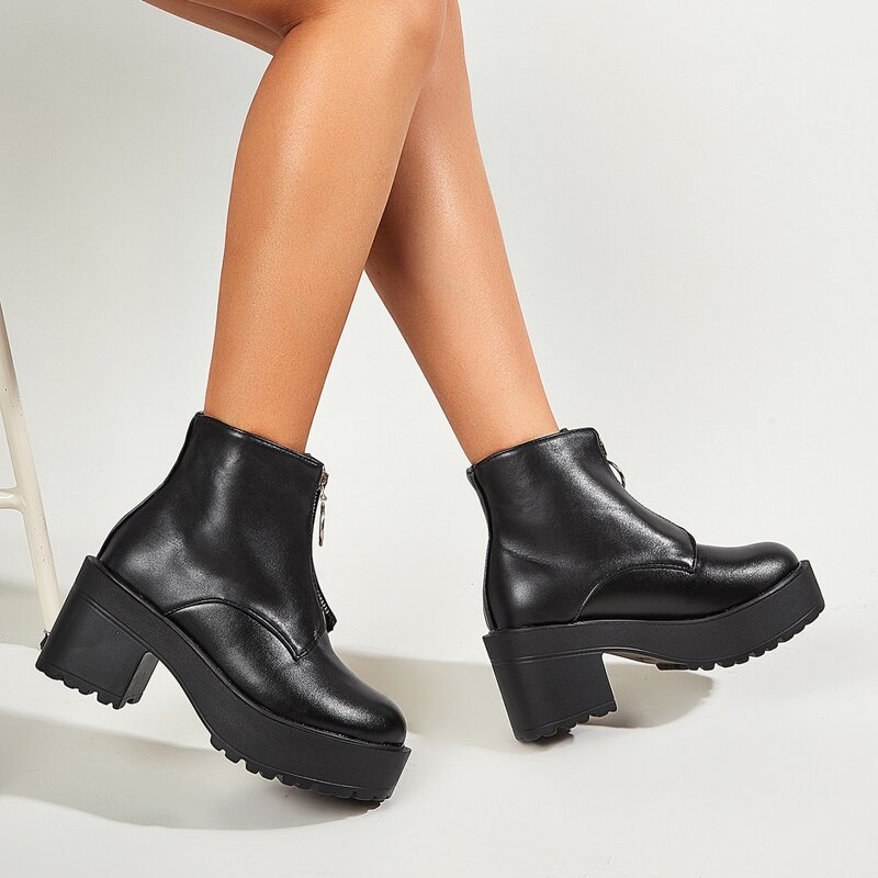 

Halloween Minimalist Front Zipper Chunky Heeled Boots, Black