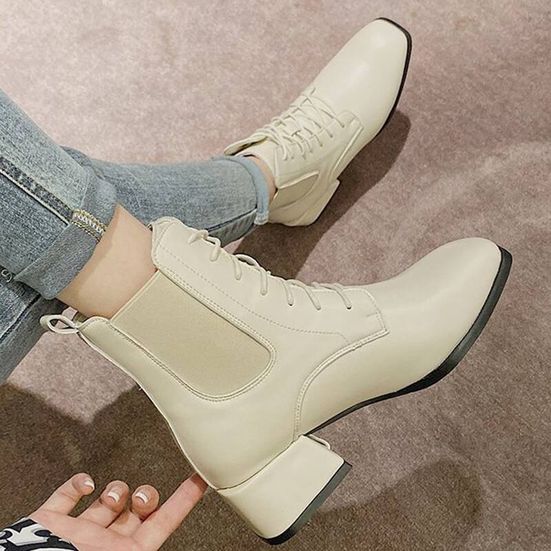 

Lace-up Chunky Heel Chelsea Boots, Beige