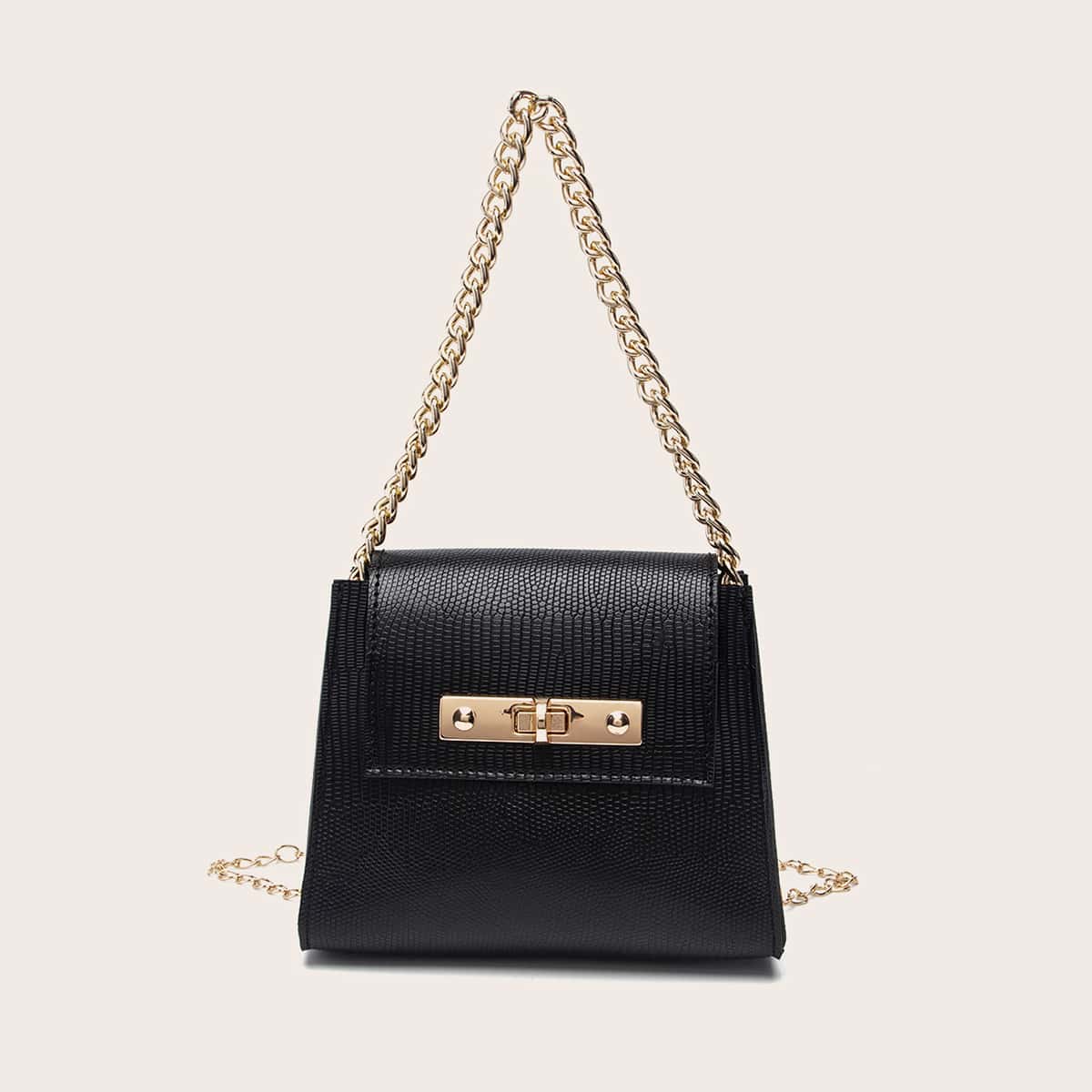 

Lizard Print Twist Lock Flap Shoulder Bag, Black