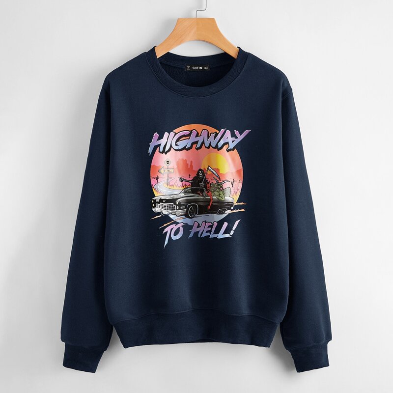 

ROMWE X Vincenttrinidadart Skull & Letter Graphic Pullover, Navy blue