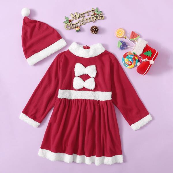 

Toddler Girls Bow Front Contrast Dress & Hat, Burgundy