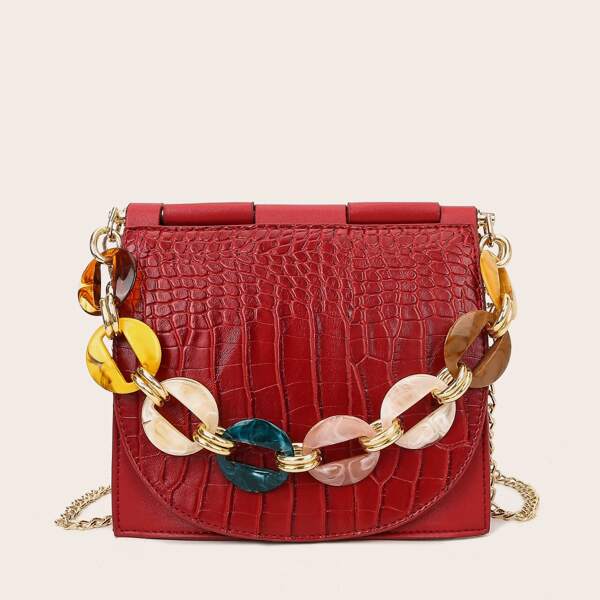 

Croc Embossed Chain Satchel Bag, Red
