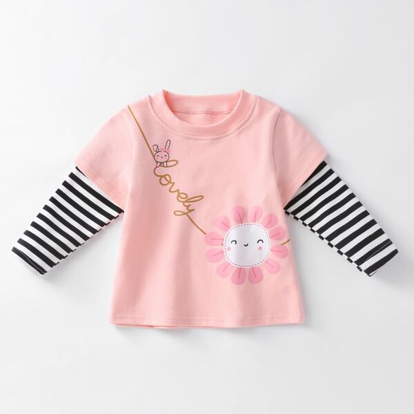 

Toddler Girls 2 In 1 Cartoon Graphic Striped Sleeve Tee, Baby pink