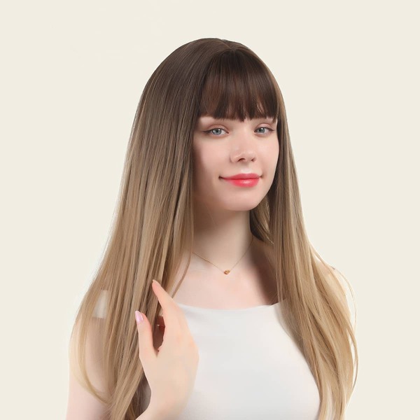 

Natural Long Straight Wig With Bangs, Multicolor