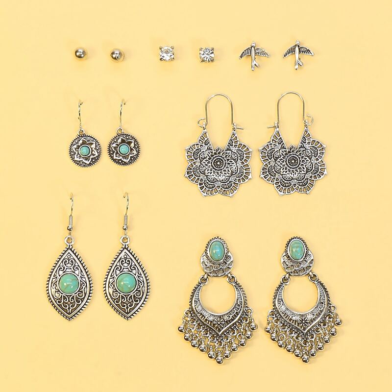 

7pairs Hollow Out Mandala Design Earrings, Antique silver