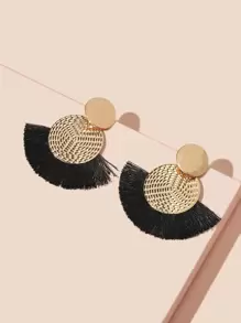 Tassel Decor Round Drop Earrings - Black - View 1