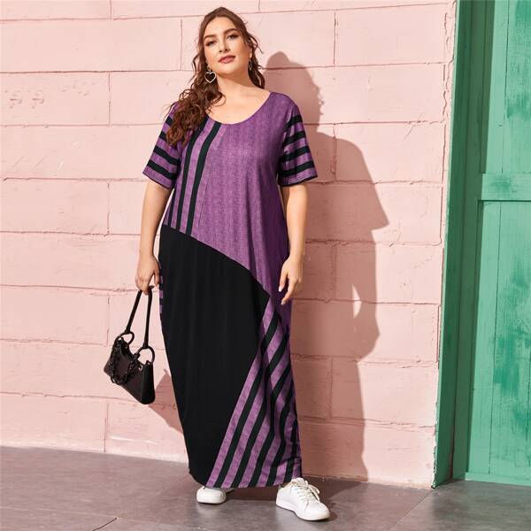 

Plus Color Block Striped Tent Dress, Multicolor purple