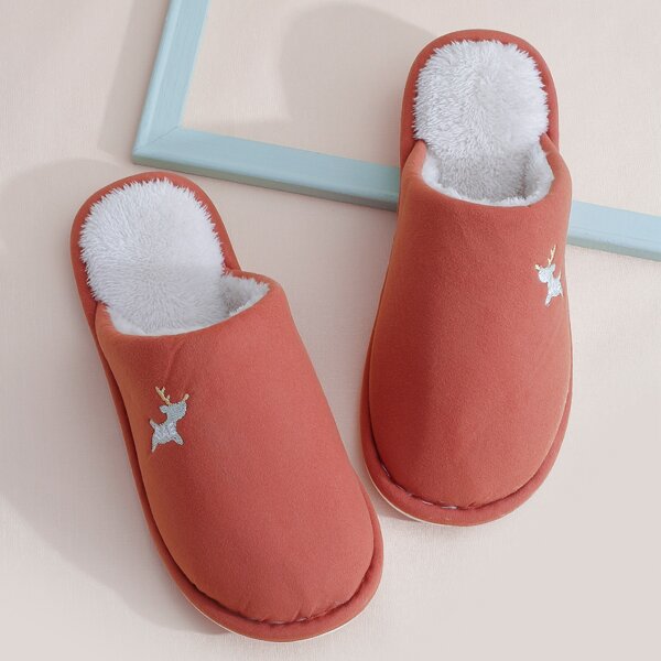 

Cartoon Embroidered Fur Lined Slippers, Red