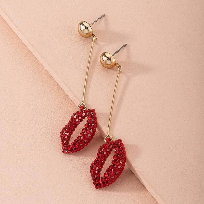 

Rhinestone Decor Lips Charm Drop Earrings, Red