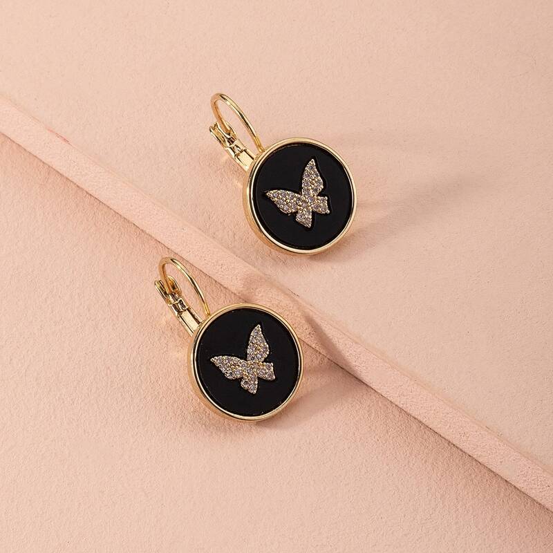 

Rhinestone Butterfly Decor Round Earrings, Black