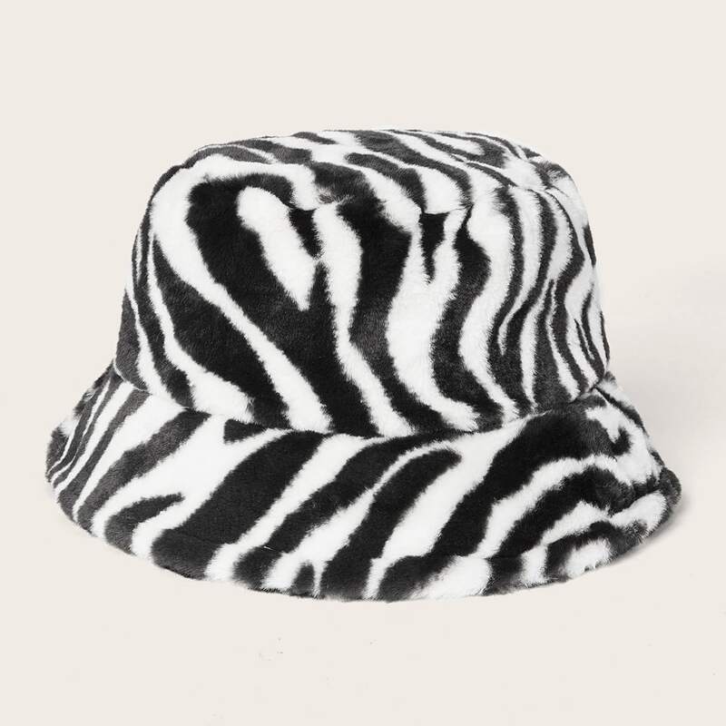 

Zebra Stripe Fluffy Bucket Hat, Black and white