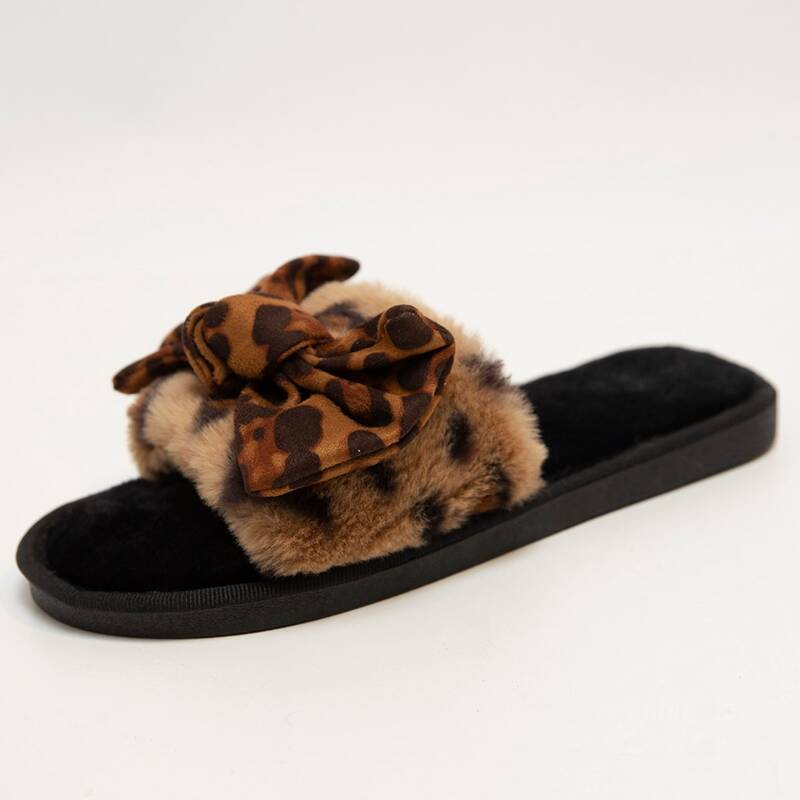 

Bow Decor Leopard Fluffy Slippers, Brown