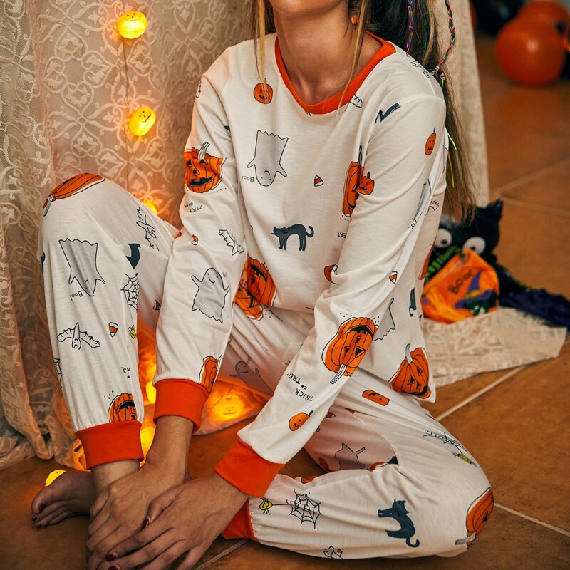 

Halloween Pattern Contrast Binding PJ Set, White