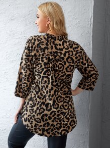 SHEIN LUNE Plus Leopard Print Notched Neck High Low Hem Blouse - Mocha Brown - View 2