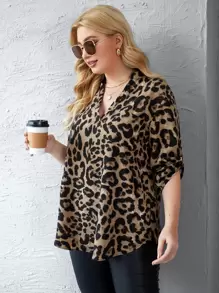 SHEIN LUNE Plus Leopard Print Notched Neck High Low Hem Blouse - Mocha Brown - View 5