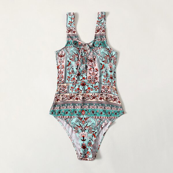 

Floral Lace-up Front One Piece Swimsuit, Multicolor