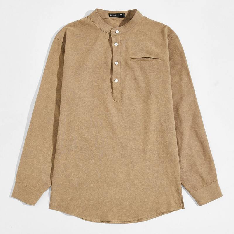 

Guys Stand Collar Hidden Pocket Front Top, Khaki