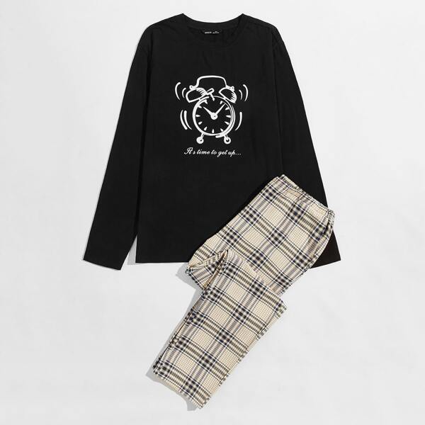 

Men Alarm Clock and Slogan Graphic Tee & Plaid Pants PJ Set, Multicolor