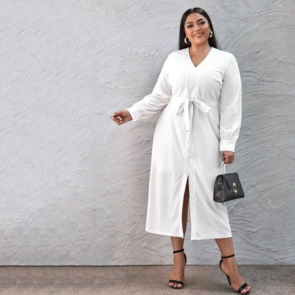 

Plus Split Hem Zipper Back Belted Dress, White