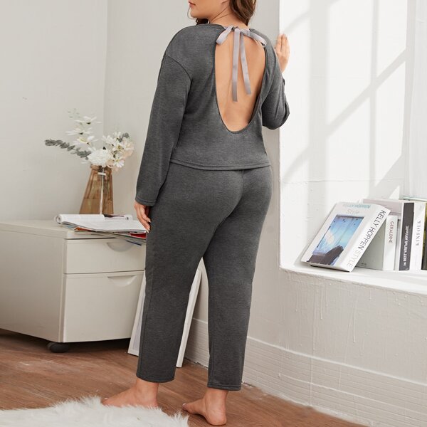 

Plus Tie Backless Tee & Pants Pajama Set, Dark grey
