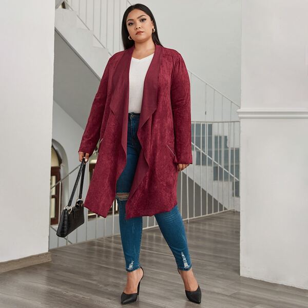 

Plus Waterfall Collar Zip Pocket Coat, Rose red