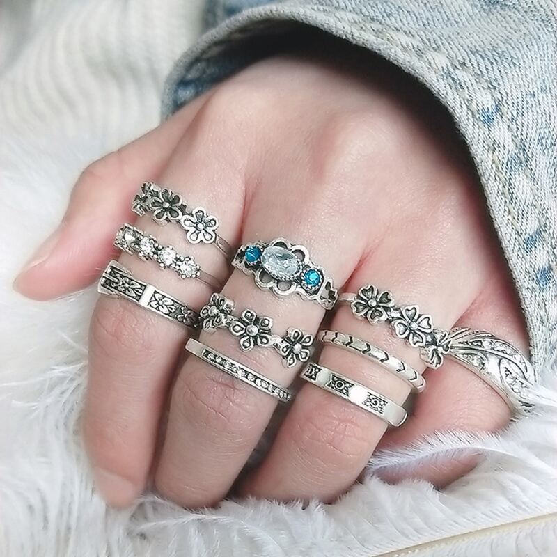 

10pcs Rhinestone Floral Ring, Silver
