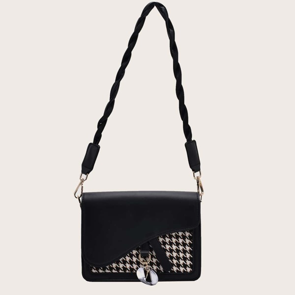 

Asymmetrical Flap Houndstooth Shoulder Bag, Black