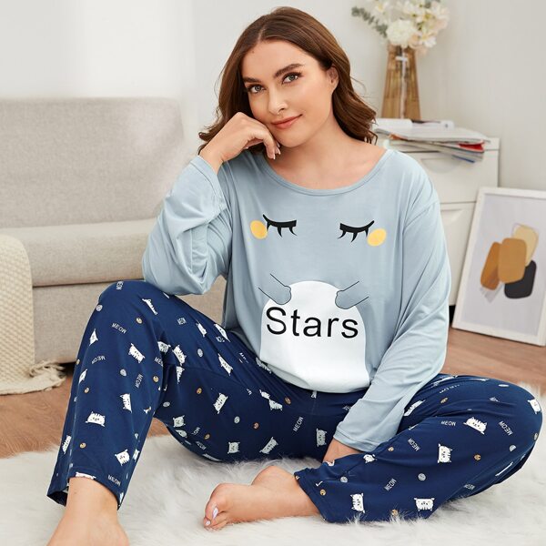 

Plus Cartoon And Letter Graphic Pajama Set, Blue