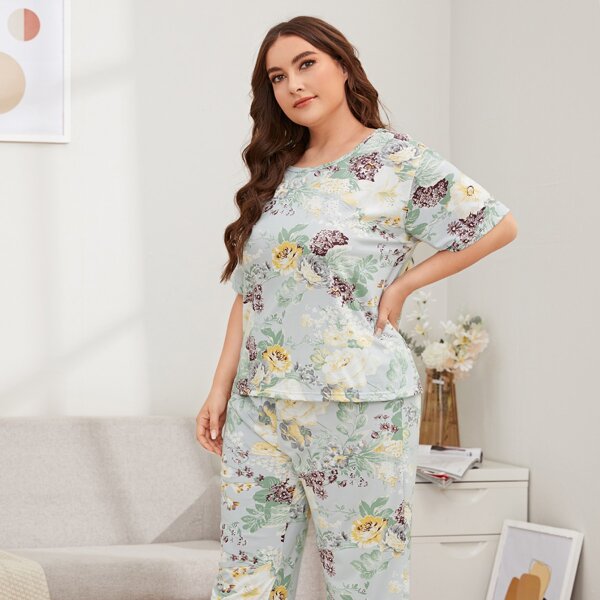 

Plus Flower Print Pajama Set, Multicolor