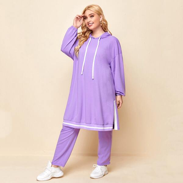 

Plus Drop Shoulder Split Side Striped Hem Hoodie & Sweatpants Set, Lilac purple