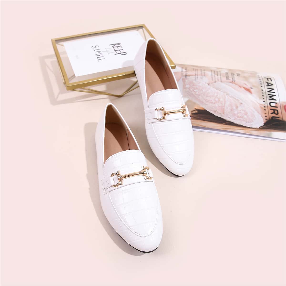 

Horsebit Decor Croc Embossed Loafers, White