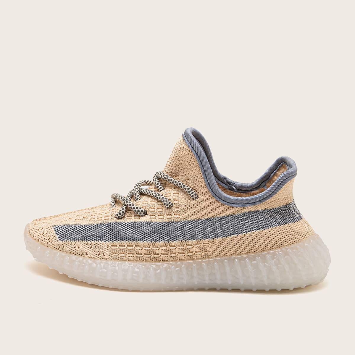 

Lace Up Decor Wide Fit Knit Sneakers, Beige