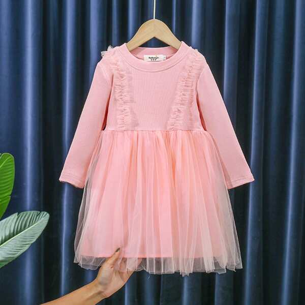 

Toddler Girls Contrast Mesh Frill Trim Smock Dress, Coral pink
