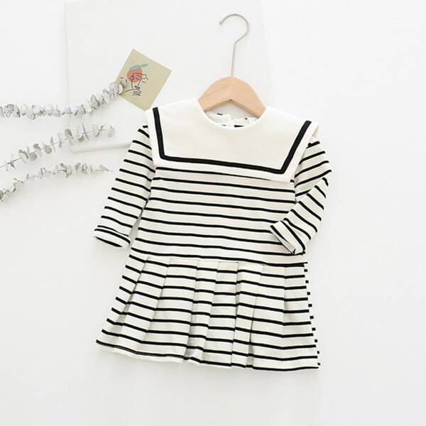 

Toddler Girls Sailor Collar Stripe Pleated Hem Dress, Black and white