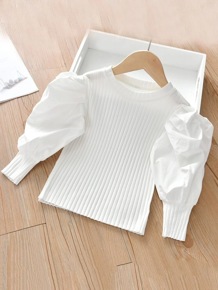 Young Girl Puff Sleeve Rib-Knit Tee