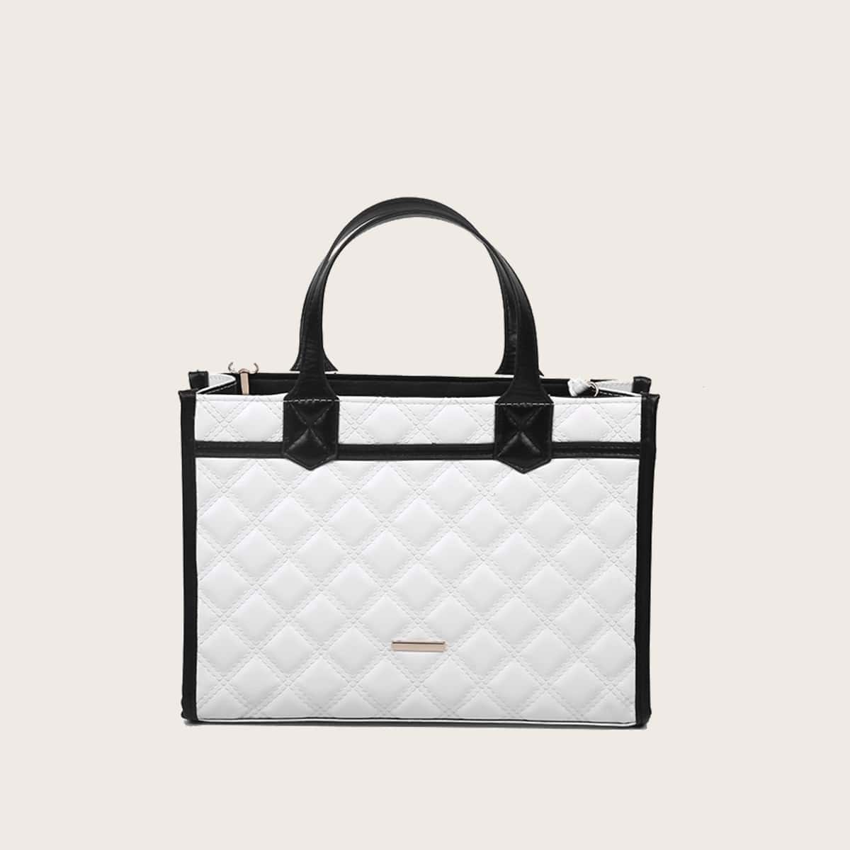 

Colorblock Quilted Satchel Bag, Black and white blue