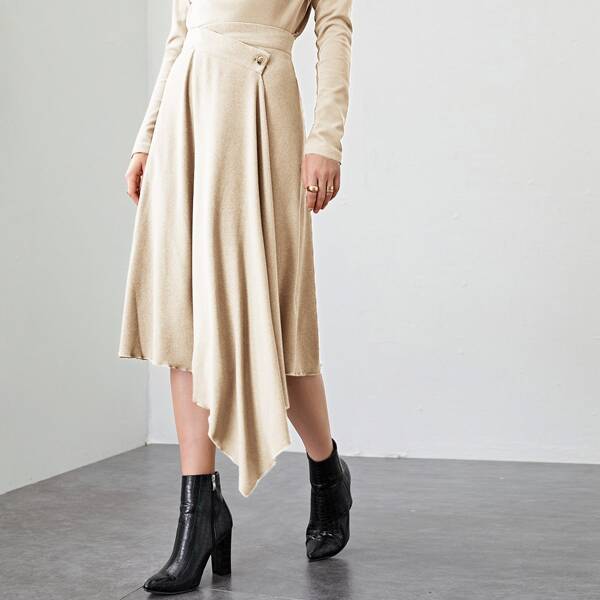 

High Waist Buttoned Wrap Skirt, Beige