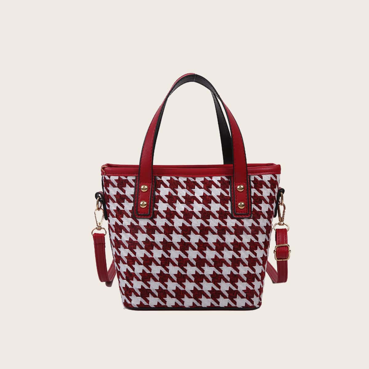 

Houndstooth Satchel Bag, Red and white