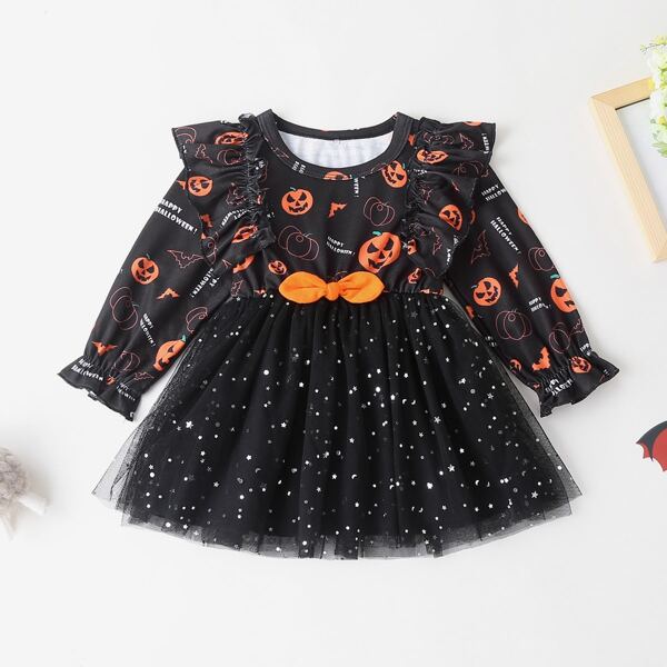 

Baby Girl Halloween Print Bow Front Mesh Panel Dress, Black