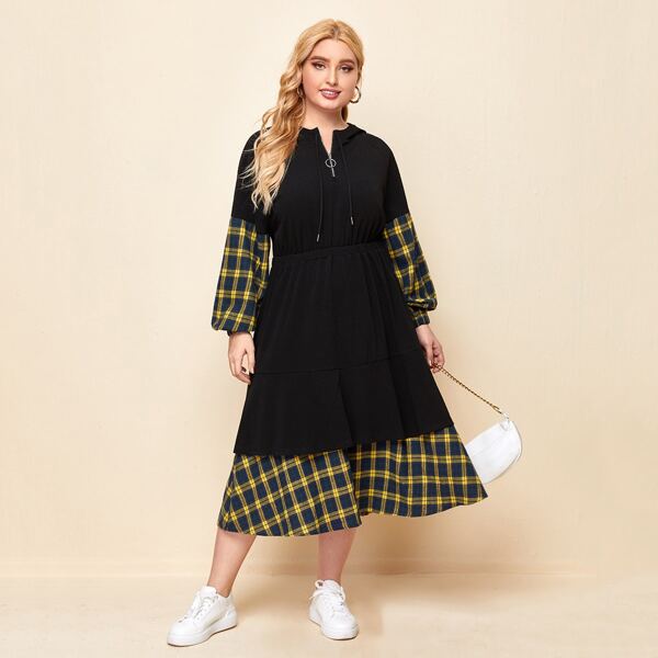 

Plus Zip Half Placket Tartan Sleeve and Hem Hooded Dress, Black