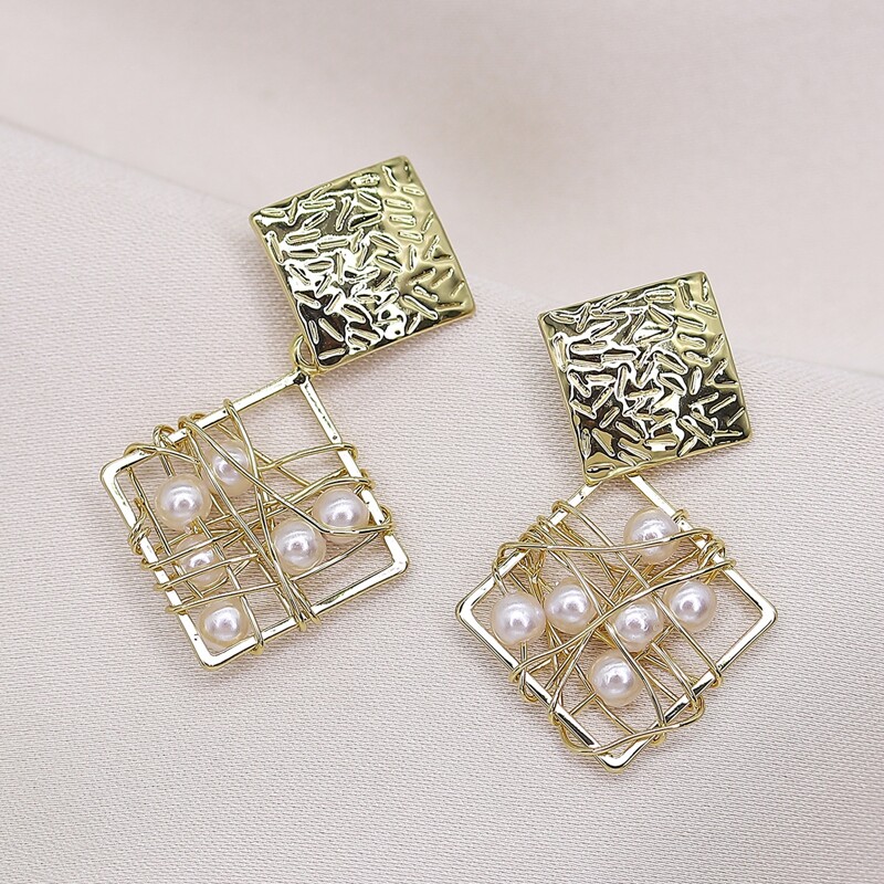 

Faux Pearl Geometric Drop Earrings, Gold