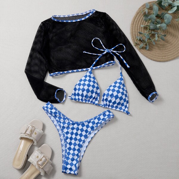 

3pack Checkered Halter Bikini Swimsuit With Fishnet Top, Multicolor