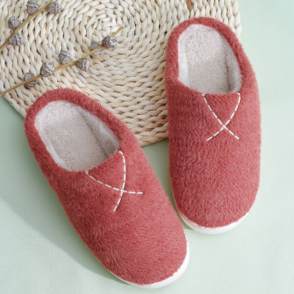 

Round Toe Fluffy Slippers, Red