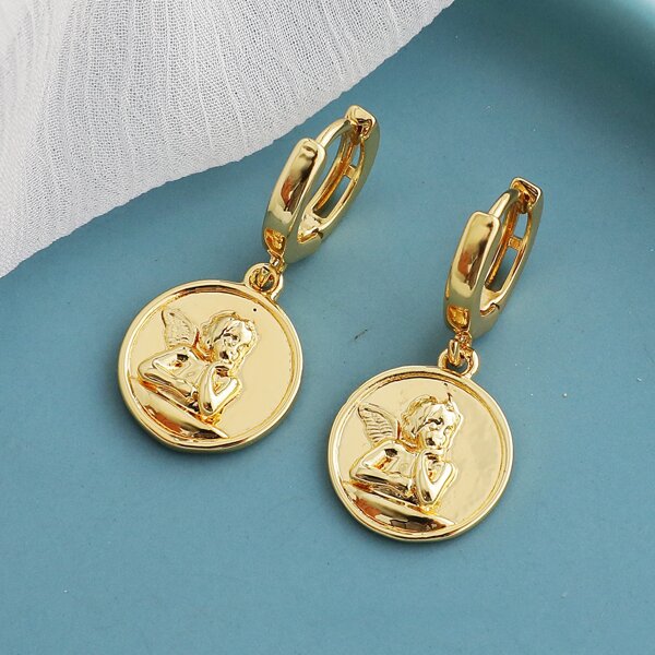 

Angel Design Round Charm Drop Earrings, Gold
