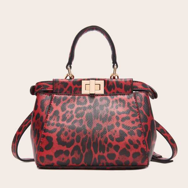 

Leopard Print Twist Lock Satchel Bag, Red
