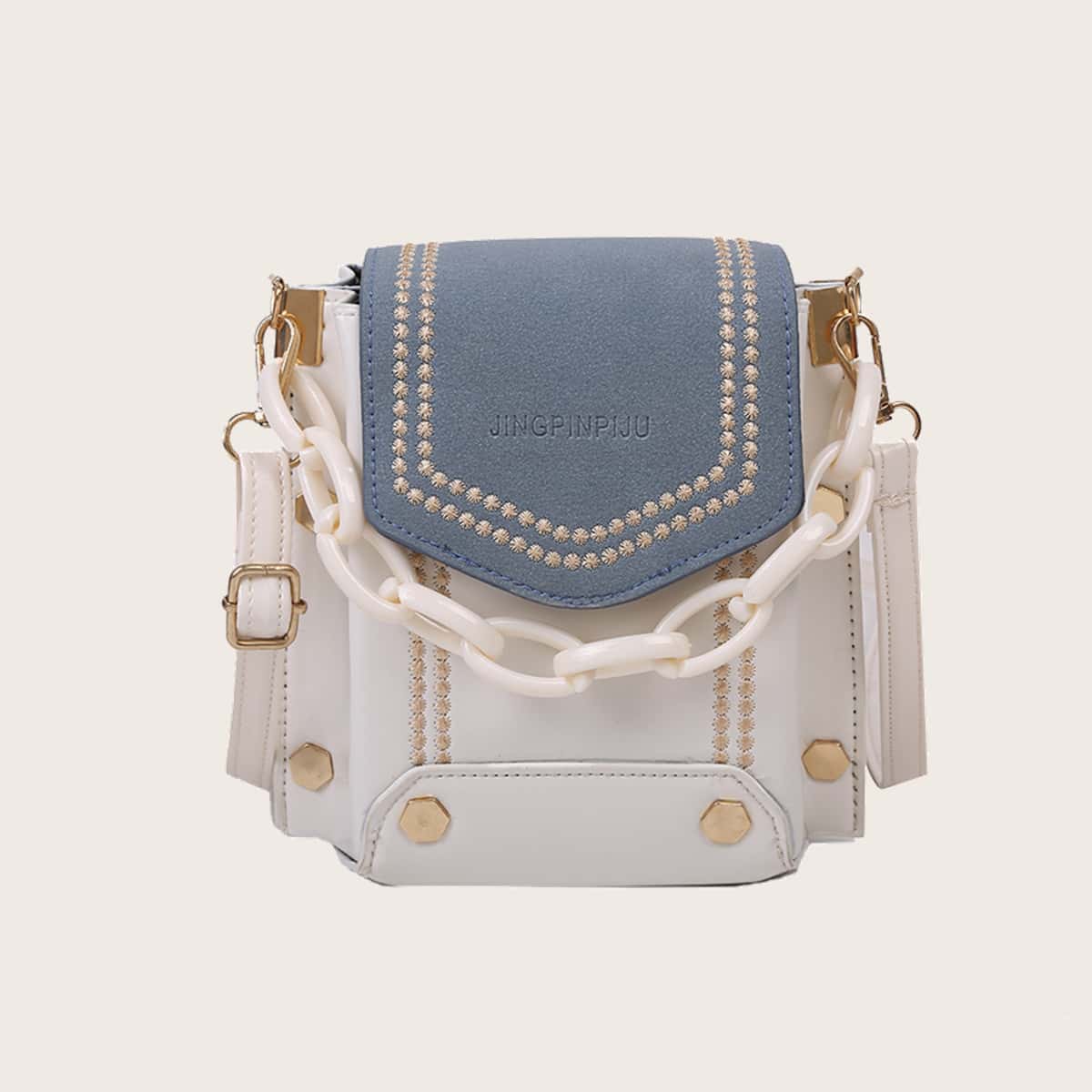 

Colorblock Chain Satchel Bag, Black and white