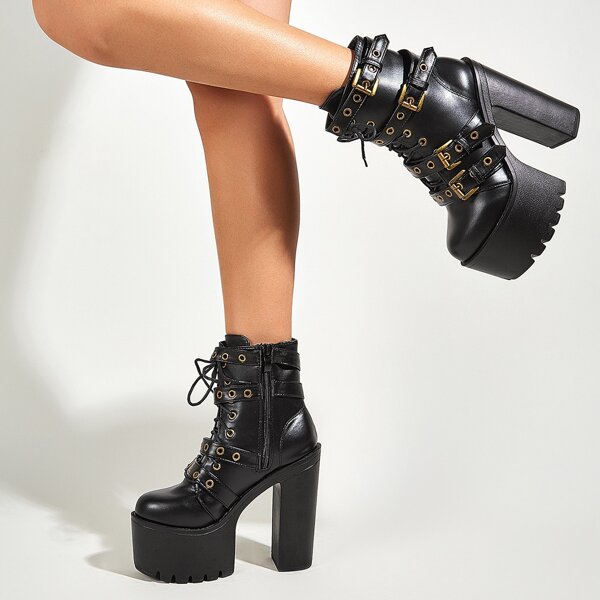 

Halloween Eyelet Buckle Decor Platform Chunky Heeled Boots, Black
