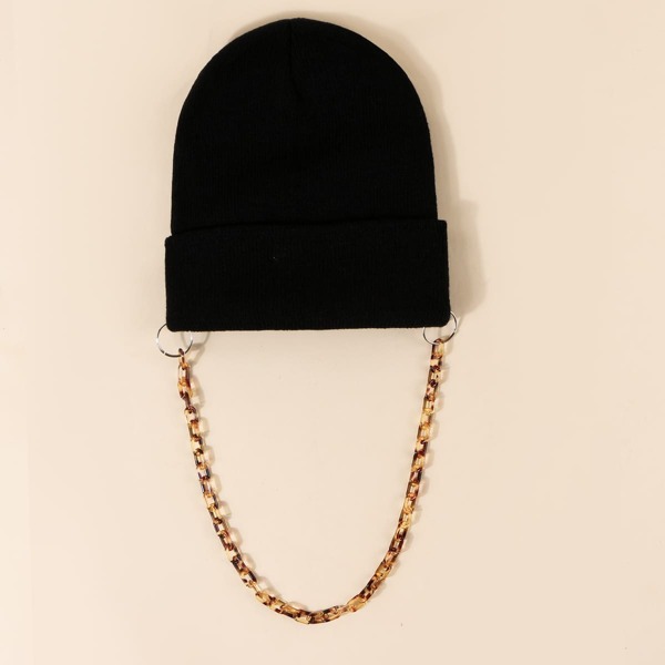 

Men Solid Beanie With Chain, Black